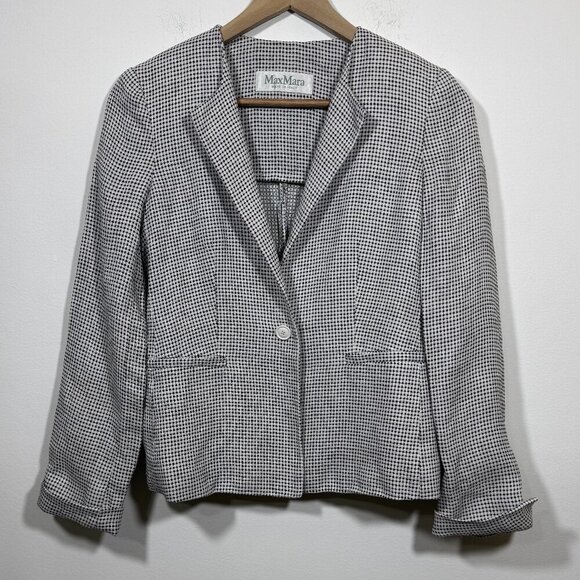 MaxMara Womens Linen Blazer White/Black Houndstooth size 4 Preppy Career Wear - Picture 1 of 8